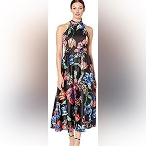 Tahari ASL Satin Floral Print Halter A-Line Midi